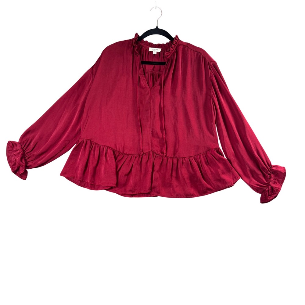Umgee USA Red Ruffle Peplum Blouse Small V-Neck Long Sleeve‎ Boho Top